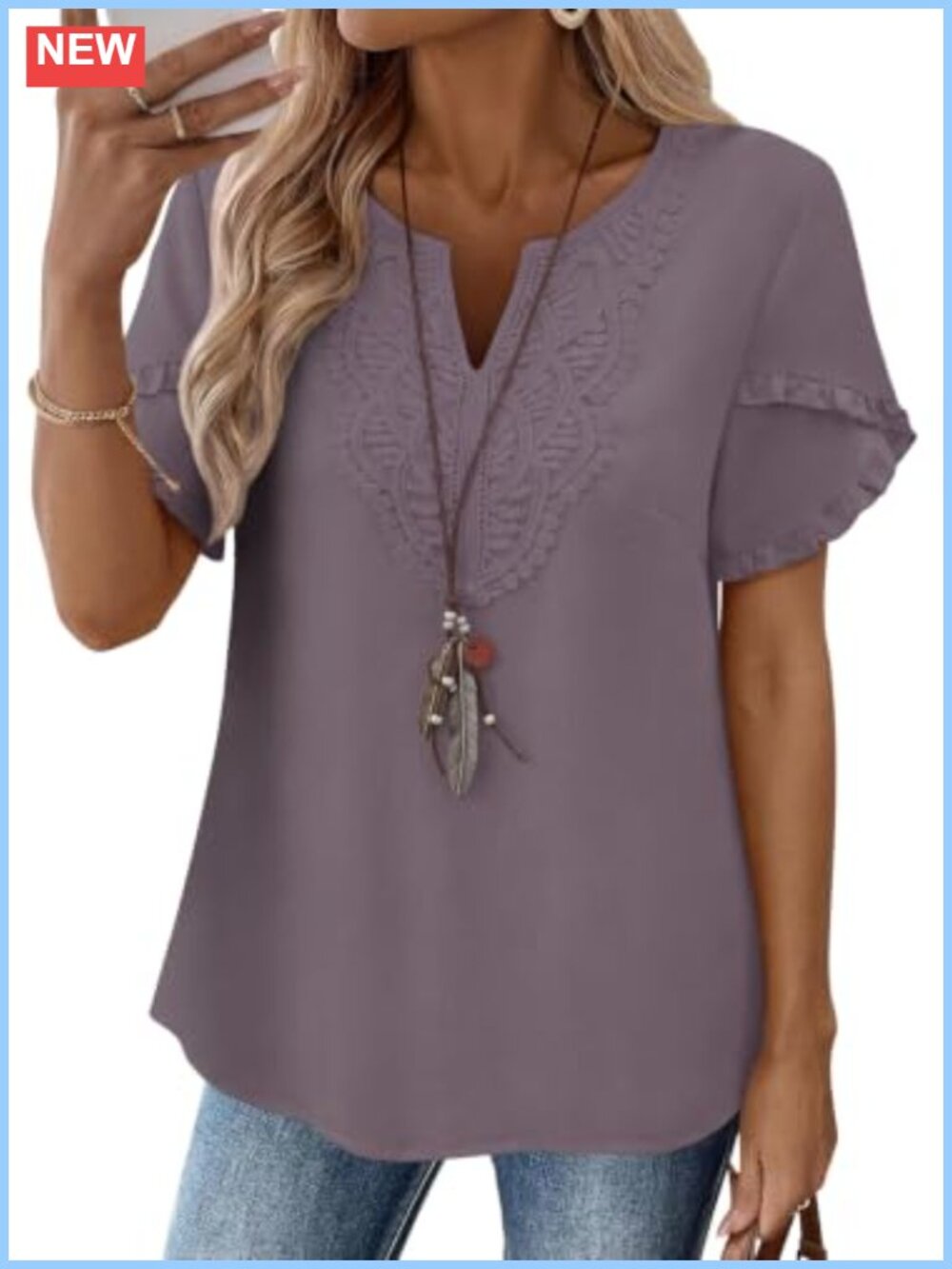 Womens Boho Lace V Neck Ruffle Sleeve Blouse Summer Top
